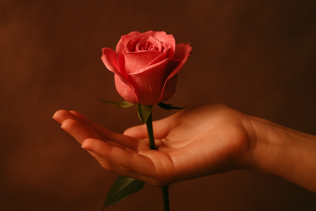 Mano ofreciendo una rosa rosada como símbolo de placer y generosidad