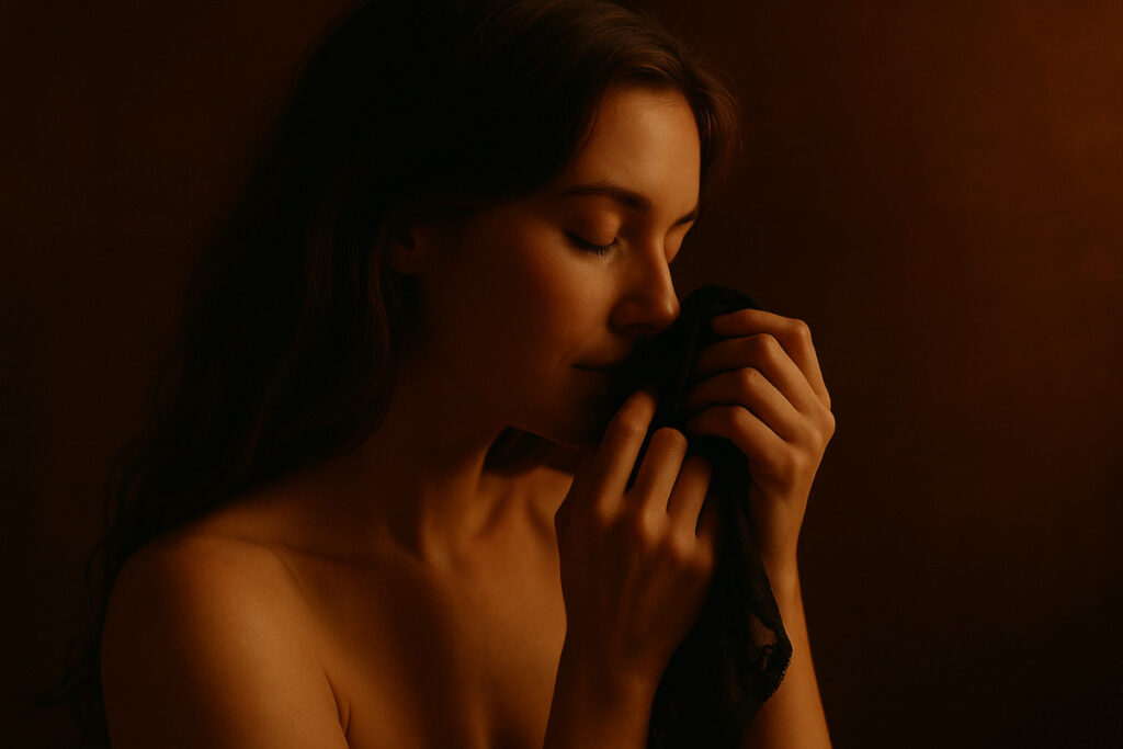 Silueta de una mujer con los ojos cerrados oliendo una prenda, en un ambiente cálido y sensual que evoca el poder erótico del aroma