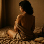 Mujer envuelta en sábanas al amanecer junto a perfume y rosa marchita, evocando el aroma íntimo del cuerpo dormido.