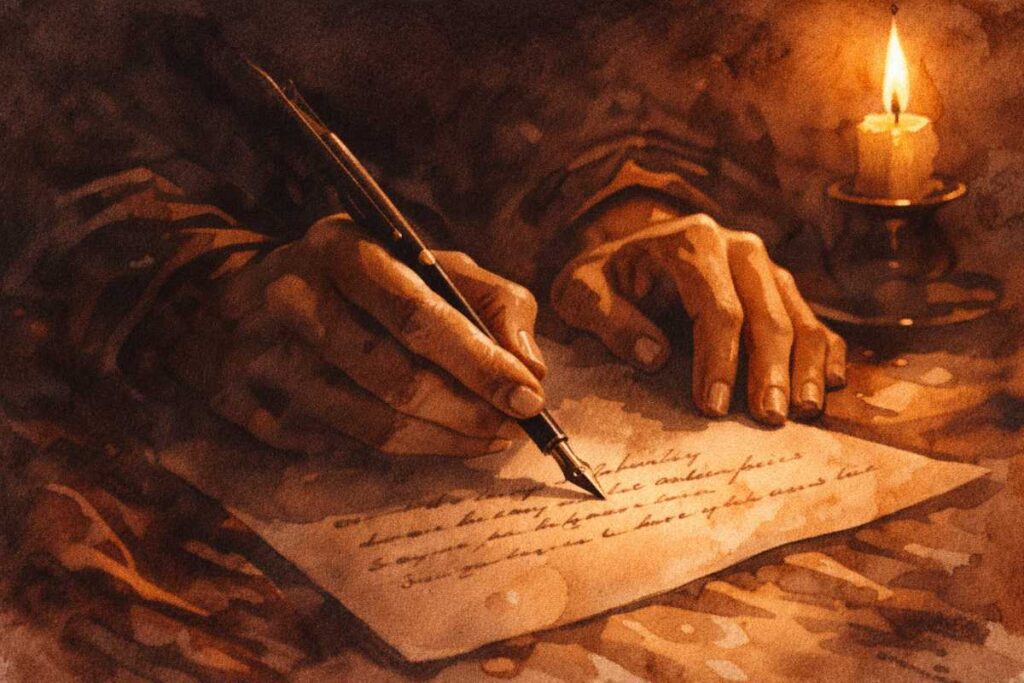 Ilustración clásica de manos escribiendo con pluma estilográfica en papel antiguo bajo la luz de una vela, sombras profundas y estilo tenebrista.