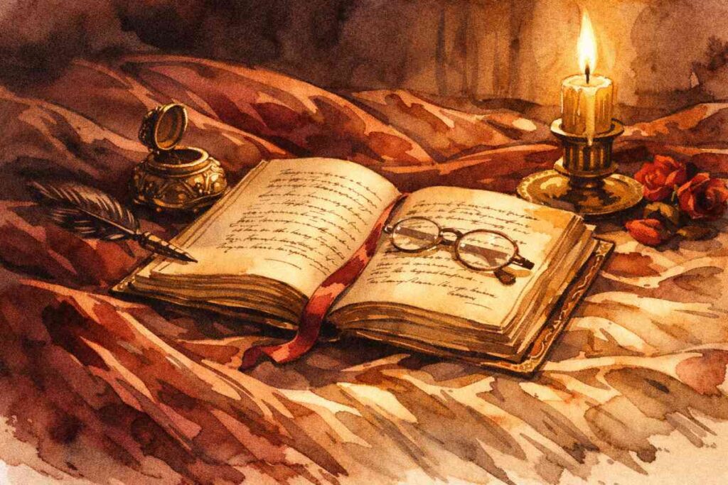 Pintura al óleo de un libro antiguo abierto sobre sábanas de seda burdeos con iluminación cálida dramática, estilo romántico oscuro.