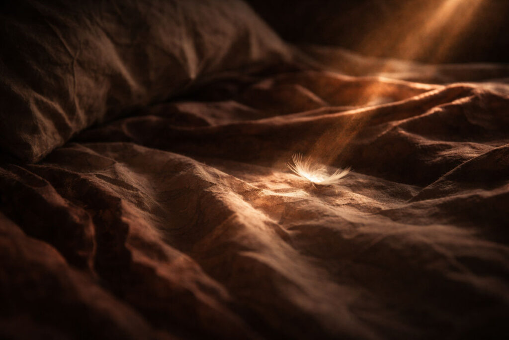 Fotografía realista y oscura de una pluma blanca sobre sábanas de cama arrugadas, iluminada por un rayo de luz cálida, inspirada en el poema El sexo de los ángeles de Mario Benedetti.