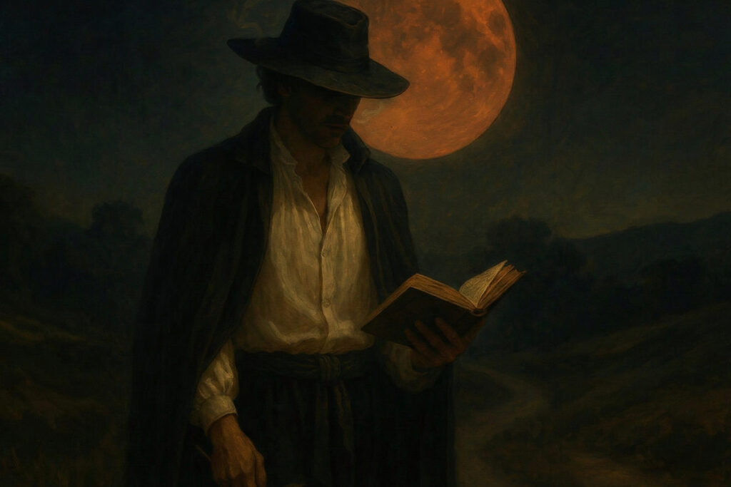 “Hombre leyendo un libro bajo la luz de la luna en un paisaje nocturno, atmósfera íntima y poética que sugiere el origen de una historia de deseo y escritura.”