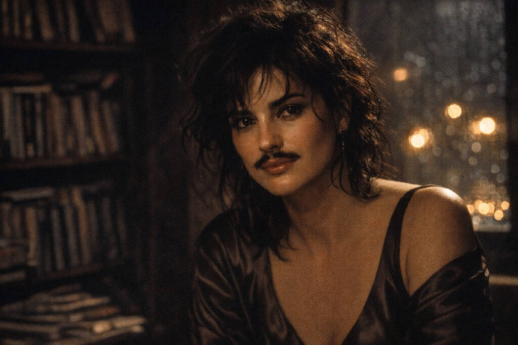 Retrato bohemio y sensual de una mujer con bigotes, inspirada en los versos surrealistas de Oliverio Girondo y la película El lado oscuro del corazón.