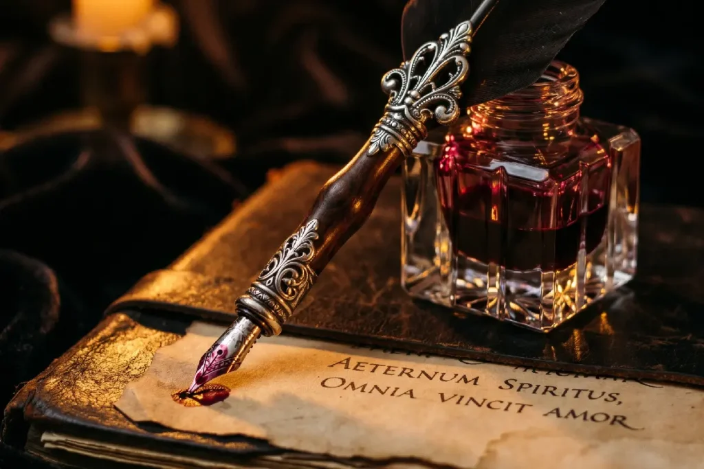 Pluma dorada y candelabro antiguo iluminando un pergamino, símbolo de la poesía erótica mística de El Peregrino del Placer
