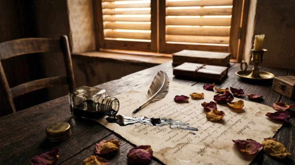 Escritorio antiguo con tintero y pluma representando la obra de los poetas eróticos famosos más influyentes.