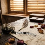 Escritorio antiguo con tintero y pluma representando la obra de los poetas eróticos famosos más influyentes.