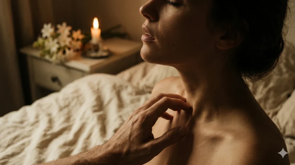 Primer plano artístico de poesía erótica con sábanas de lino y luz cálida, representando poemas calientes cortos para mujeres.