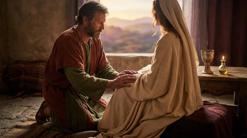 Pareja en actitud mística y ritual en un entorno de templo antiguo, representando la unión del sexo sagrado y la poesía erótica bajo una luz cálida.