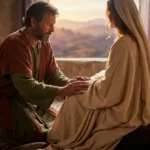 Pareja en actitud mística y ritual en un entorno de templo antiguo, representando la unión del sexo sagrado y la poesía erótica bajo una luz cálida.