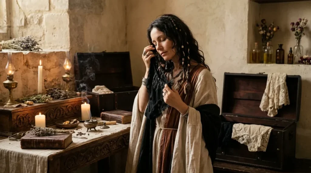 Una sacerdotisa mística con túnica beige y cabello trenzado, oliendo reverentemente una prenda de encaje negro. Se encuentra en una sala rústica con un altar de madera, velas encendidas, incienso, hierbas secas y baúles antiguos llenos de lencería sagrada. Una atmósfera de ritual y espiritualidad.