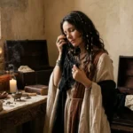 Una sacerdotisa mística con túnica beige y cabello trenzado, oliendo reverentemente una prenda de encaje negro. Se encuentra en una sala rústica con un altar de madera, velas encendidas, incienso, hierbas secas y baúles antiguos llenos de lencería sagrada. Una atmósfera de ritual y espiritualidad.