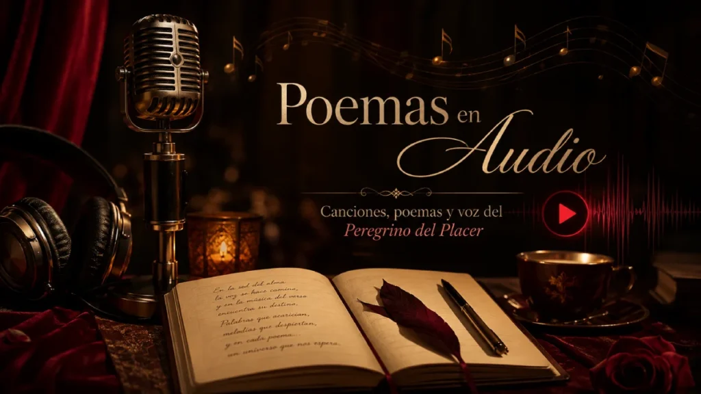 Micrófono vintage, libro de poemas y auriculares en un ambiente cálido para la sección Poemas en Audio del Peregrino del Placer, con canciones, poemas recitados y poesía musicalizada.